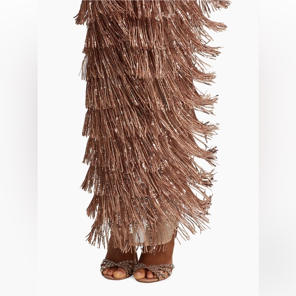 Bronx & Banco | Isle Sequin Fringe Gown In Rose Gold Gown Size L -8 NEW - Picture 8 of 15